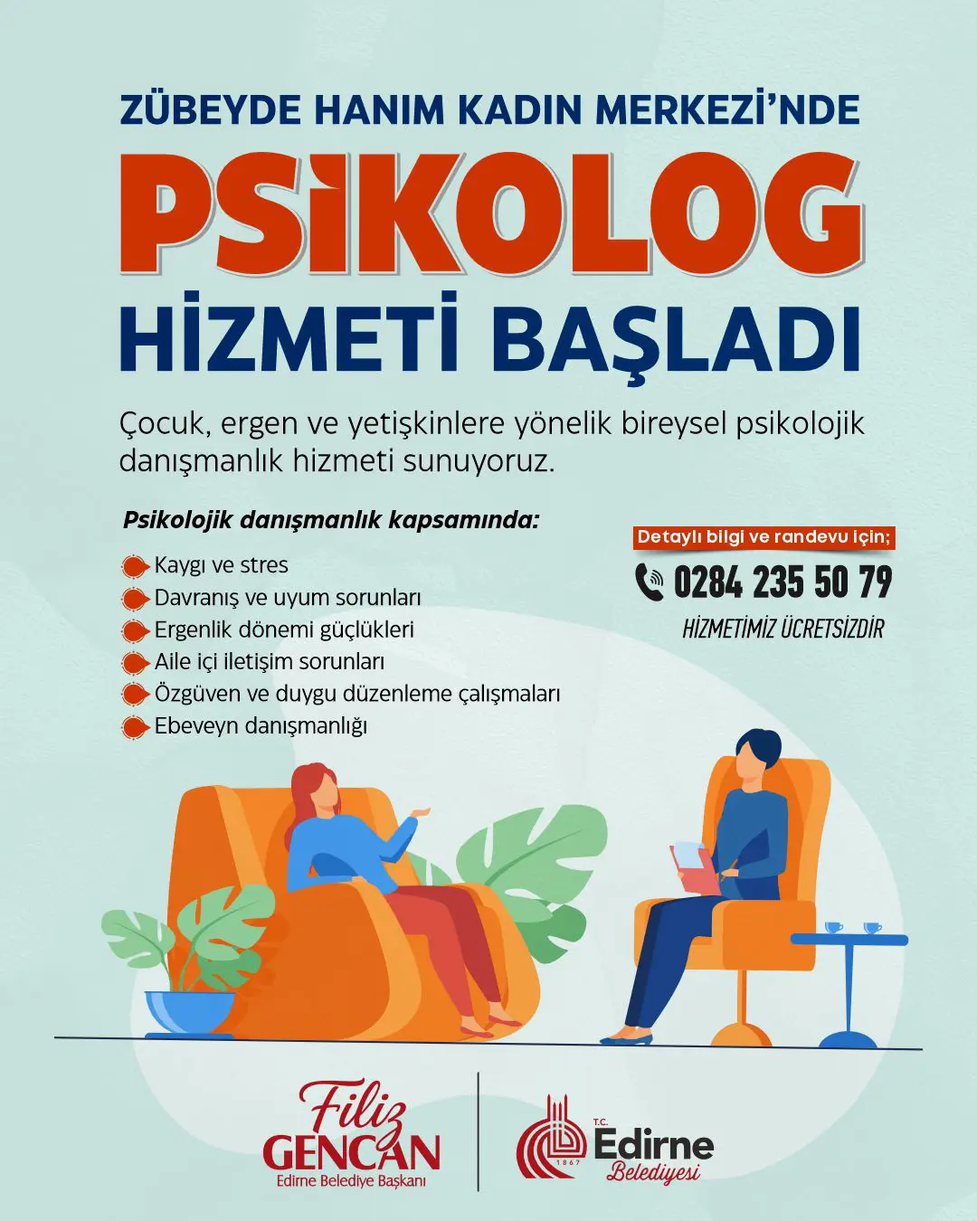 Zübeyde Hanım Kadın Merkezi’nde Her Yaş Grubuna Ücretsiz Psikolojik Danışmanlık Hizmeti